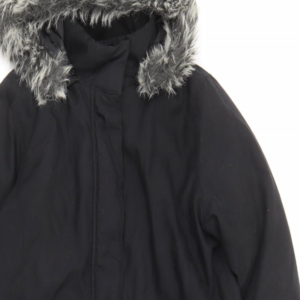 NEXT Womens Black Parka Coat Size 8 Zip - Pockets, Fur Trim Hooded