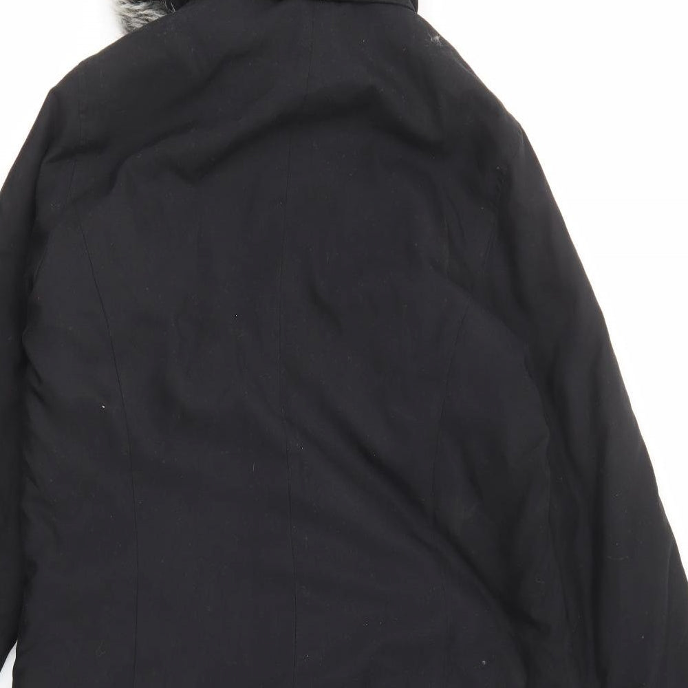 NEXT Womens Black Parka Coat Size 8 Zip - Pockets, Fur Trim Hooded