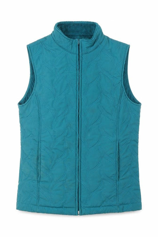 Front view of EWM women’s green gilet jacket, size UK 10, zip - quilted