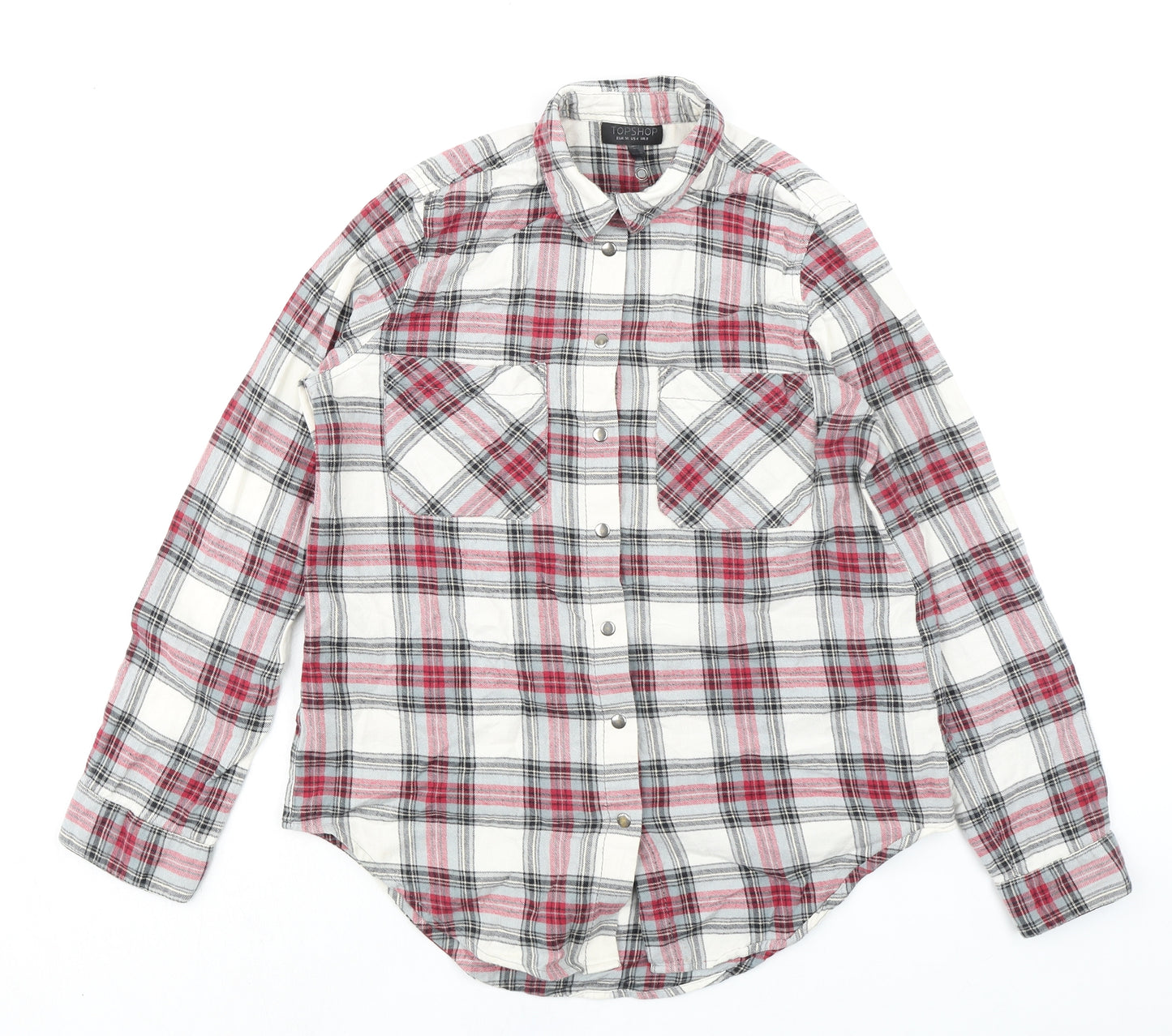 Topshop Womens Multicoloured Plaid 100% Cotton Jersey Button-Up Size 8 Collared