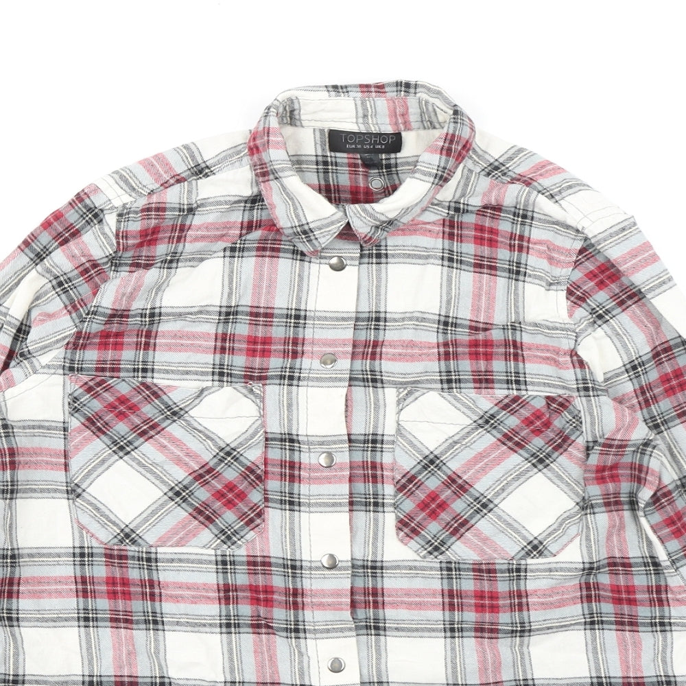 Topshop Womens Multicoloured Plaid 100% Cotton Jersey Button-Up Size 8 Collared