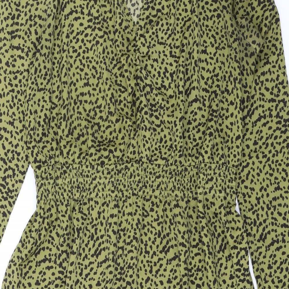 H&M Womens Green Animal Print Polyester A-Line Size 14 V-Neck Pullover - Elasticated Waist