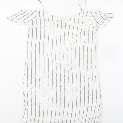 Bershka Womens White Striped Polyester Mini Size S Scoop Neck Pullover - Cold Shoulder