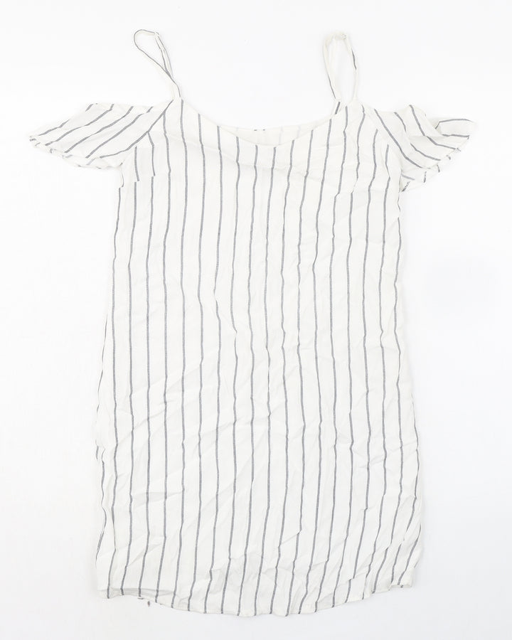 Bershka Womens White Striped Polyester Mini Size S Scoop Neck Pullover - Cold Shoulder