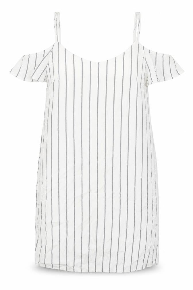 Front view of Bershka women’s white striped polyester mini, size S, scoop neck pullover - cold shoulder