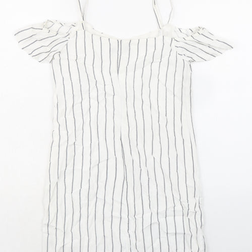 Bershka Womens White Striped Polyester Mini Size S Scoop Neck Pullover - Cold Shoulder