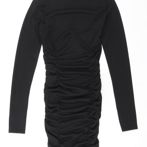 PRETTYLITTLETHING Womens Black Polyester Bodycon Size 8 Crew Neck Pullover - Ribbed Ruched