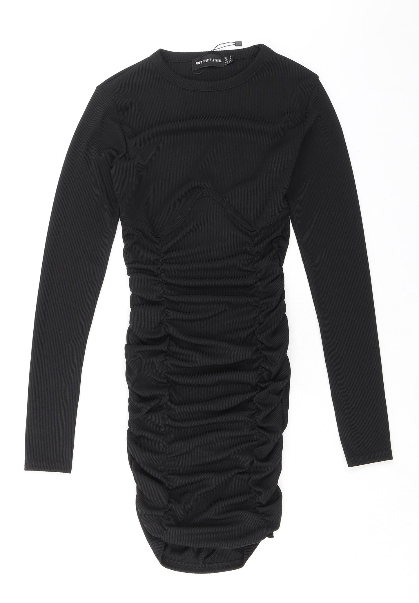 PRETTYLITTLETHING Womens Black Polyester Bodycon Size 8 Crew Neck Pullover - Ribbed Ruched
