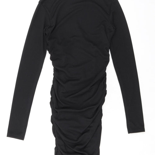 PRETTYLITTLETHING Womens Black Polyester Bodycon Size 8 Crew Neck Pullover - Ribbed Ruched