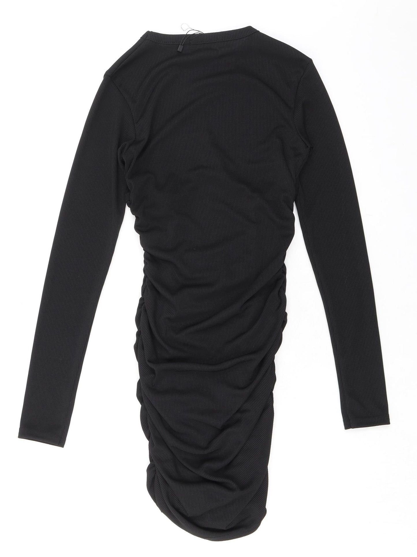 PRETTYLITTLETHING Womens Black Polyester Bodycon Size 8 Crew Neck Pullover - Ribbed Ruched
