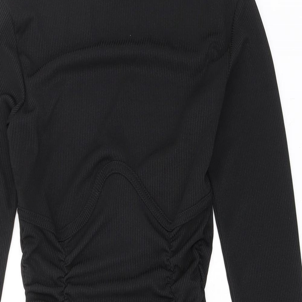 PRETTYLITTLETHING Womens Black Polyester Bodycon Size 8 Crew Neck Pullover - Ribbed Ruched