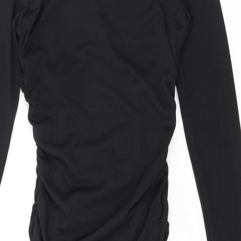 PRETTYLITTLETHING Womens Black Polyester Bodycon Size 8 Crew Neck Pullover - Ribbed Ruched