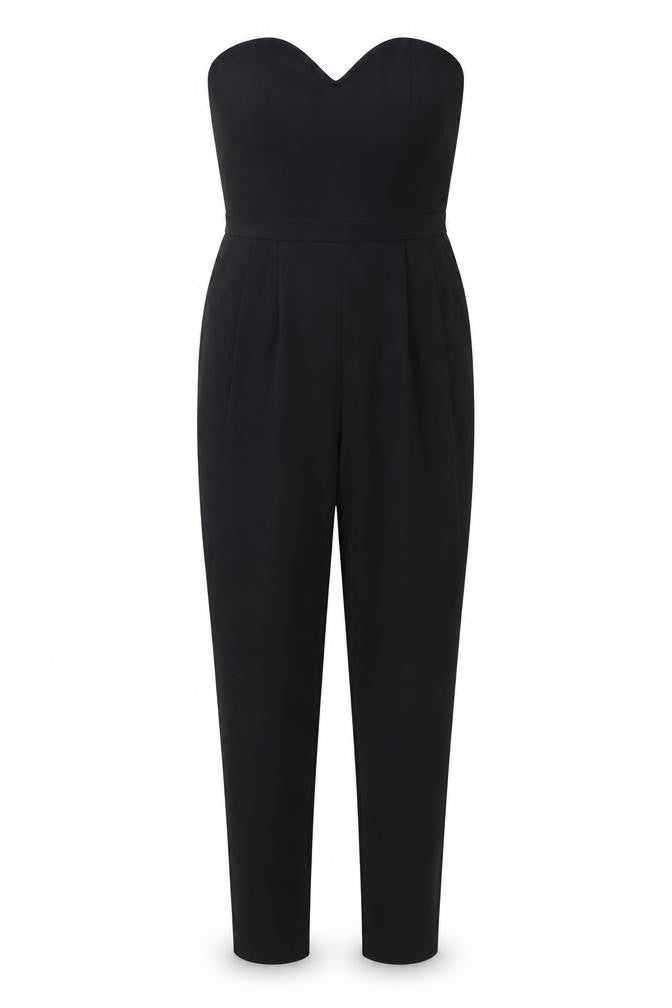 Front view of H&M women’s black polyester jumpsuit one-piece, size UK 8, 29-inch leg zip - elasticated back