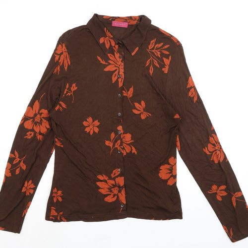 Richards Womens Brown Floral Viscose Basic Button-Up Size 14 Collared
