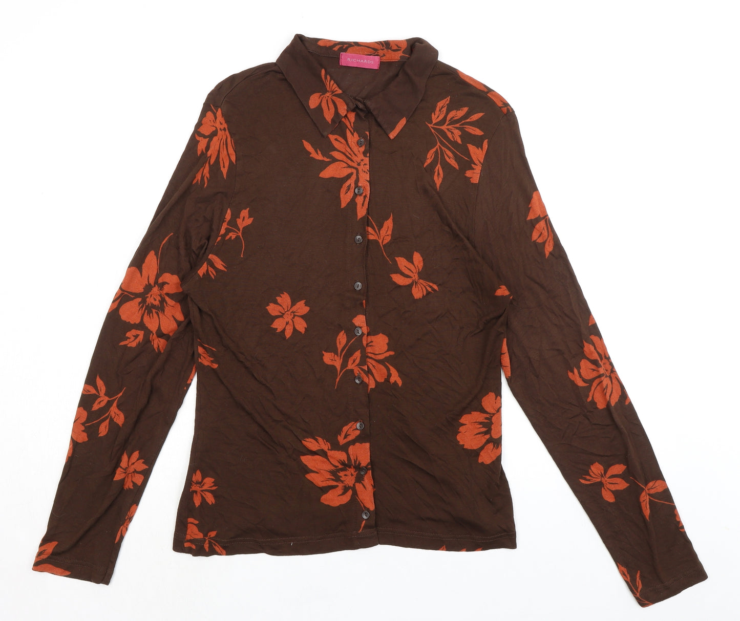 Richards Womens Brown Floral Viscose Basic Button-Up Size 14 Collared