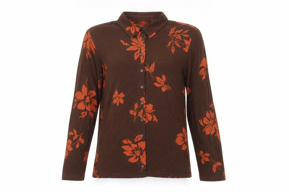 Front view of Richards women’s brown floral viscose basic button-up, size UK 14, collared