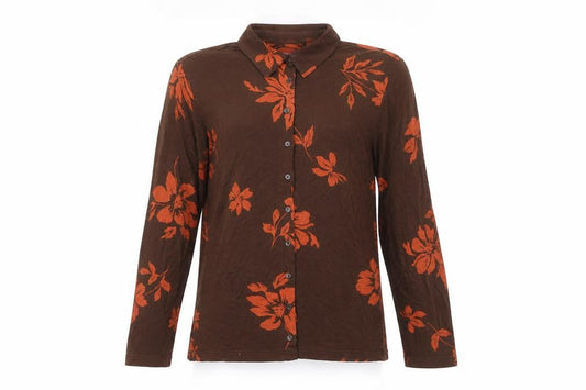 Front view of Richards women’s brown floral viscose basic button-up, size UK 14, collared