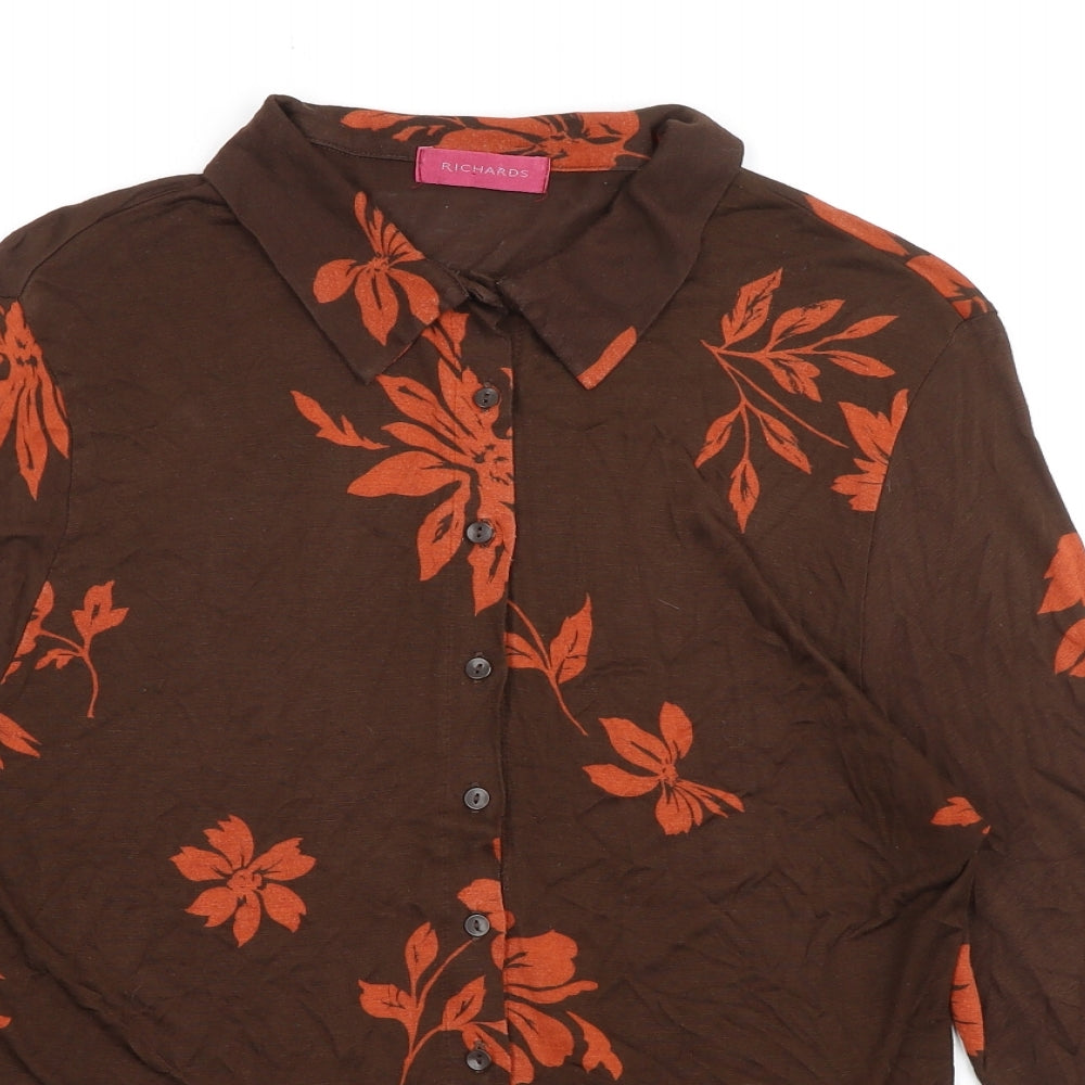 Richards Womens Brown Floral Viscose Basic Button-Up Size 14 Collared