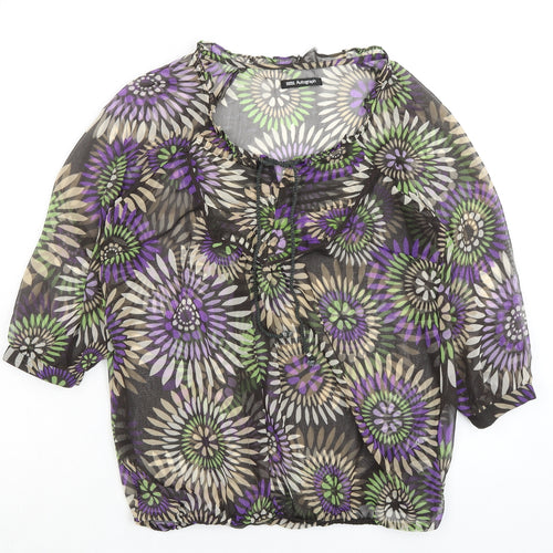 Marks and Spencer Womens Brown Floral Polyester Basic Blouse Size 12 Round Neck - Sheer