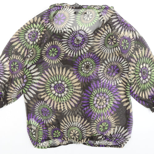 Marks and Spencer Womens Brown Floral Polyester Basic Blouse Size 12 Round Neck - Sheer