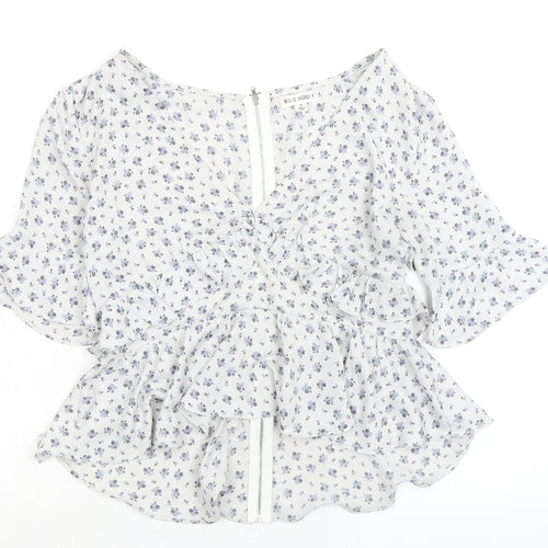 Wild Honey Womens Grey Floral Polyester Basic Blouse Size S V-Neck - Ruffles