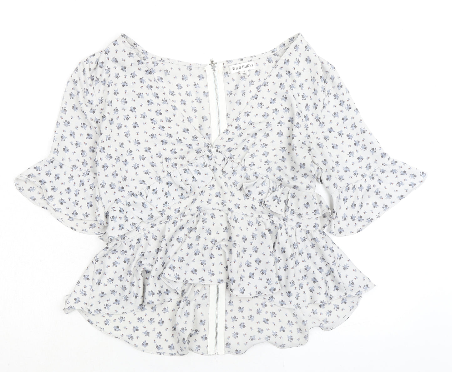 Wild Honey Womens Grey Floral Polyester Basic Blouse Size S V-Neck - Ruffles