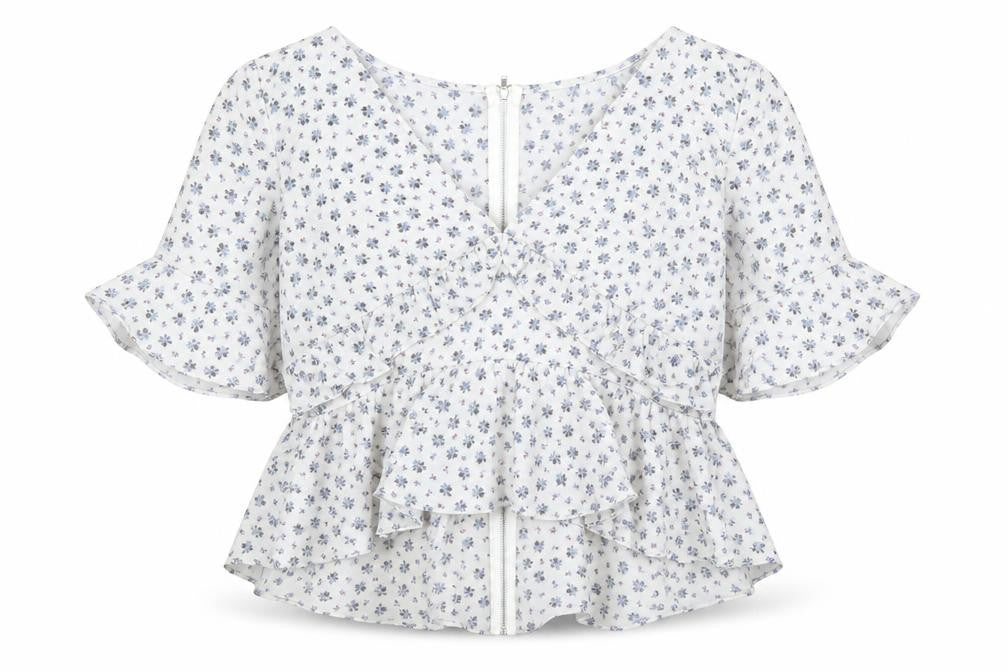 Front view of Wild Honey women’s grey floral polyester basic blouse, size S, v-neck - ruffles