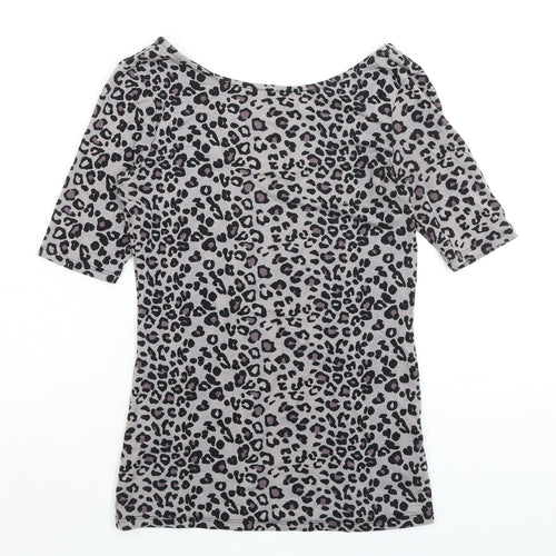 Oasis Womens Grey Animal Print Viscose Basic T-Shirt Size S Boat Neck - Low Back