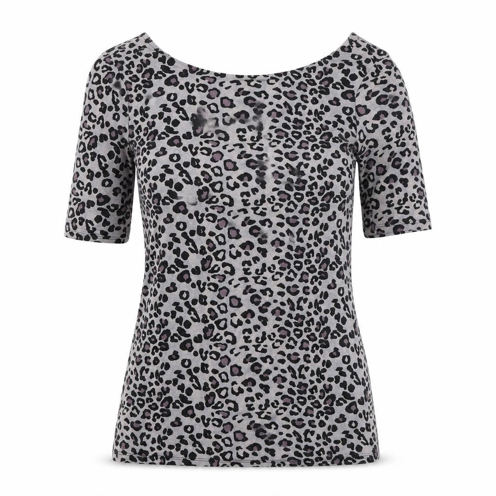 Front view of Oasis women’s grey animal print viscose basic t-shirt, size S, boat neck - low back
