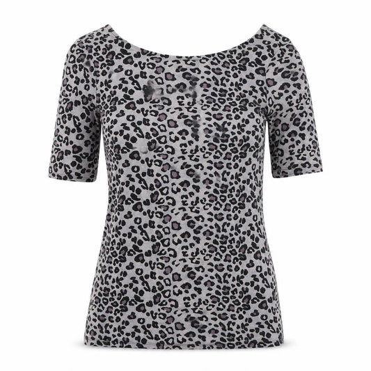 Front view of Oasis women’s grey animal print viscose basic t-shirt, size S, boat neck - low back