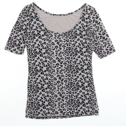 Oasis Womens Grey Animal Print Viscose Basic T-Shirt Size S Boat Neck - Low Back