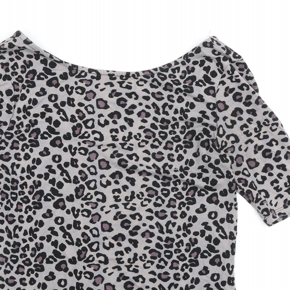 Oasis Womens Grey Animal Print Viscose Basic T-Shirt Size S Boat Neck - Low Back