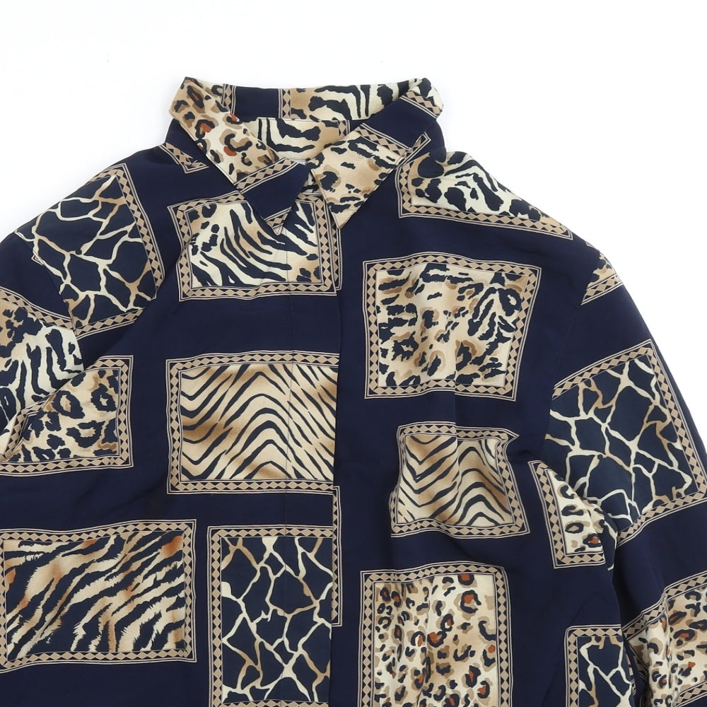 Alfred Dunner Womens Blue Animal Print Polyester Basic Blouse Size 14 Collared