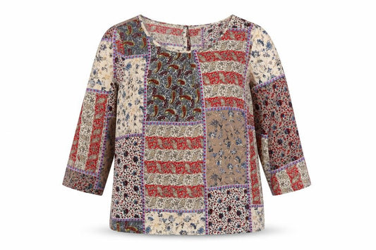 Front view of Encuentro women’s multicoloured paisley polyester basic blouse, size UK 12, boat neck