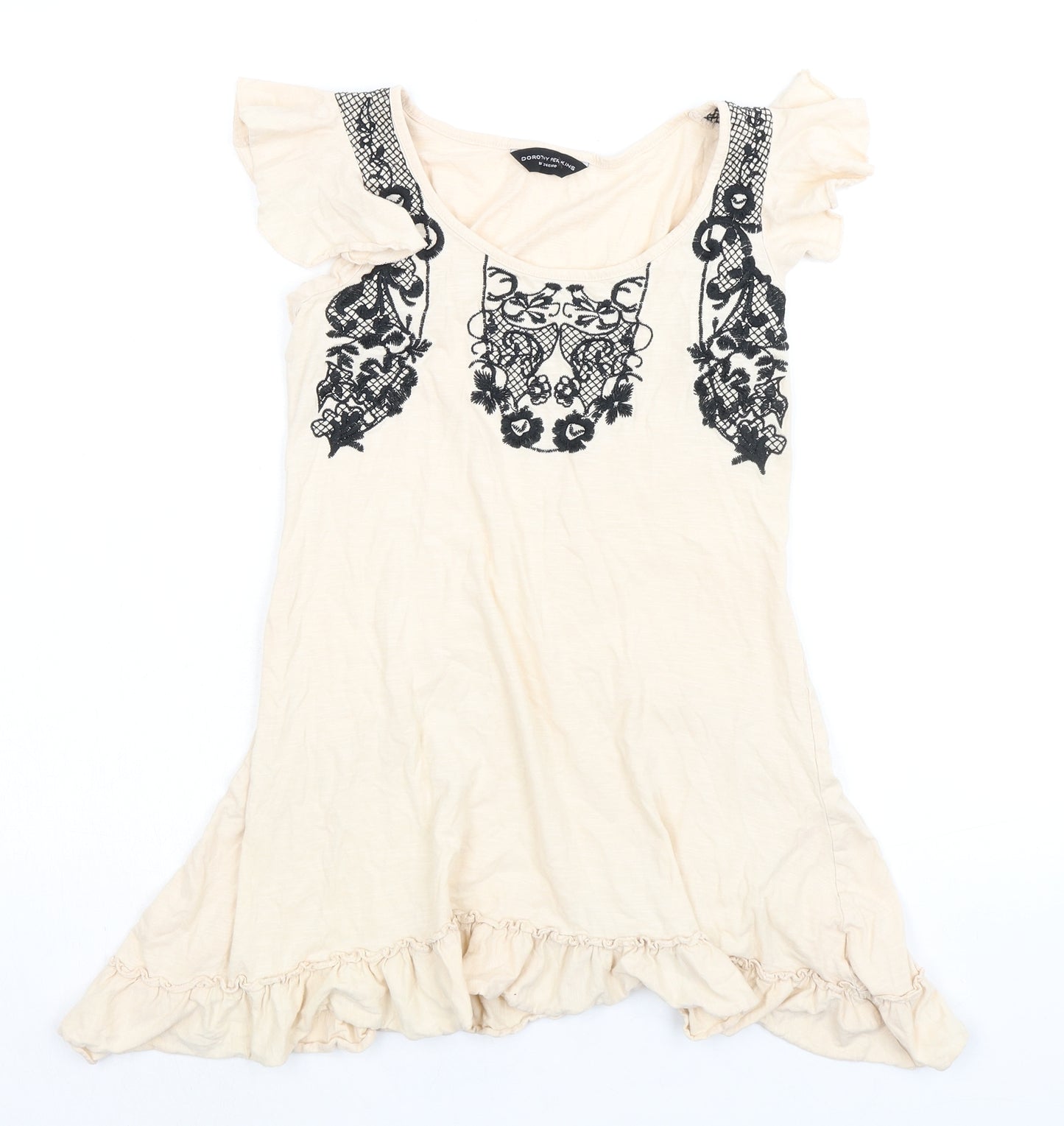 Dorothy Perkins Womens Ivory 100% Cotton Tunic Tank Size 8 Boat Neck - Embroidery Detail Ruffle