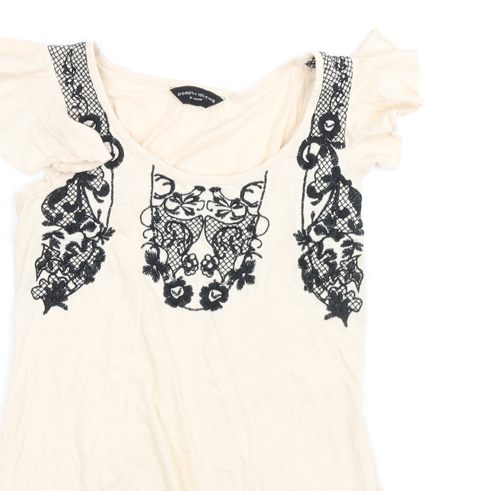 Dorothy Perkins Womens Ivory 100% Cotton Tunic Tank Size 8 Boat Neck - Embroidery Detail Ruffle