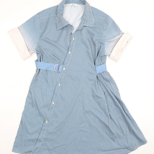 Lily Womens Blue Striped Polyester Shirt Dress Size M Collared Button - Belted