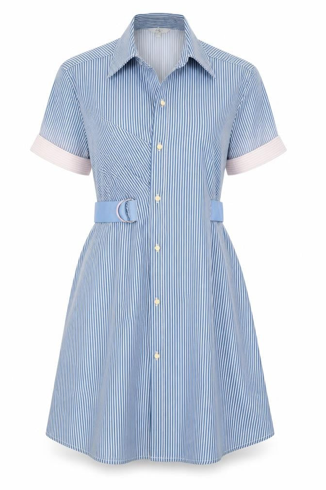 Front view of Lily women’s blue striped polyester shirt dress, size M, collared button - belted