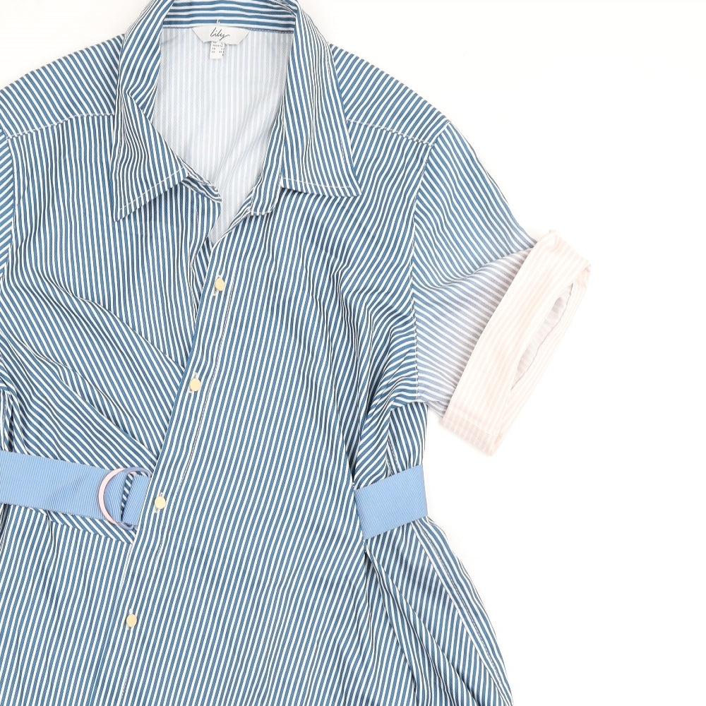 Lily Womens Blue Striped Polyester Shirt Dress Size M Collared Button - Belted