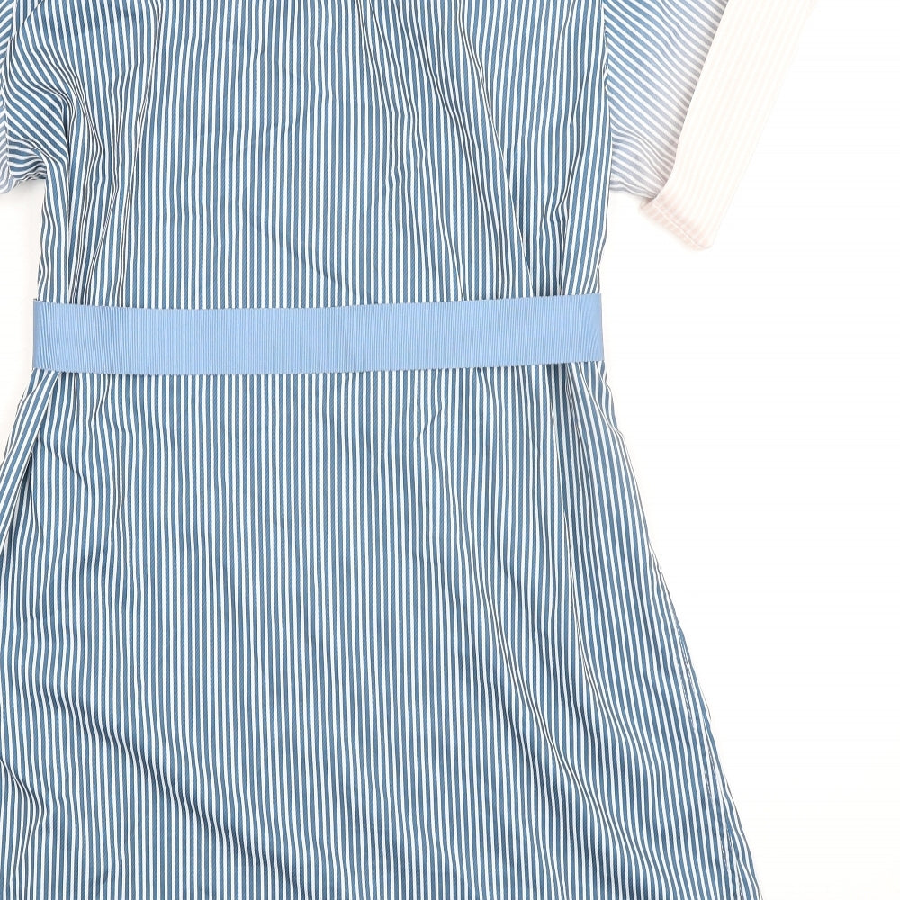 Lily Womens Blue Striped Polyester Shirt Dress Size M Collared Button - Belted