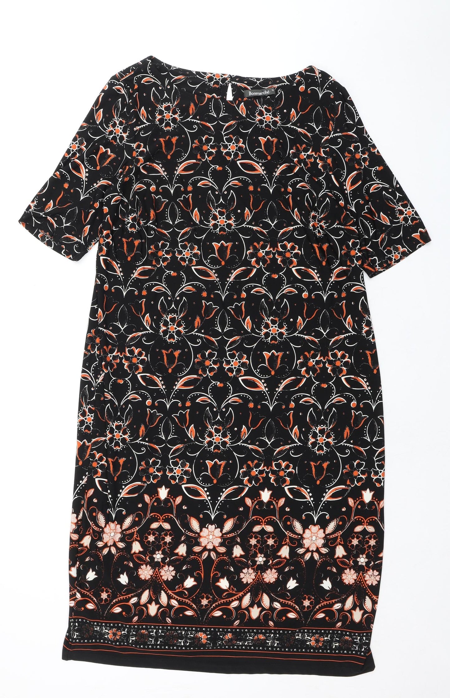 Bonmarché Womens Black Floral Polyester Pencil Dress Size 16 Boat Neck Pullover