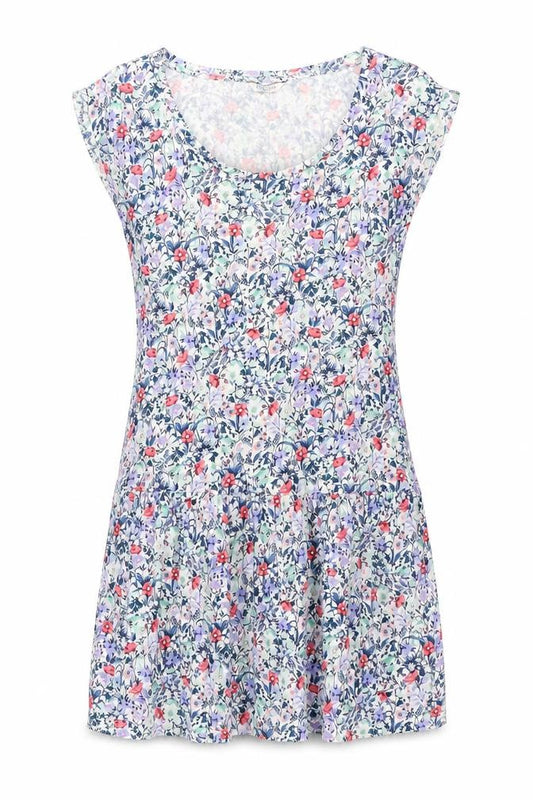 Front view of Marks & Spencer women’s multicoloured floral viscose mini, size UK 8, boat neck pullover