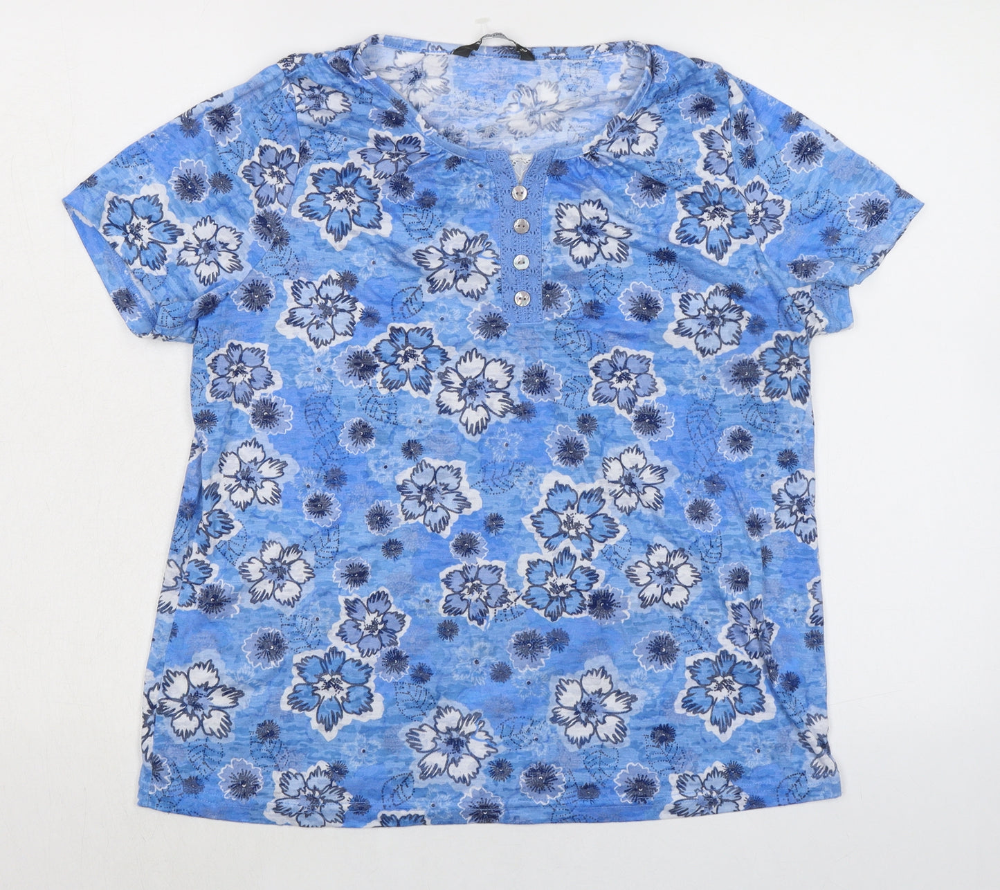 Bonmarché Womens Blue Floral Polyester Basic T-Shirt Size 2 Round Neck