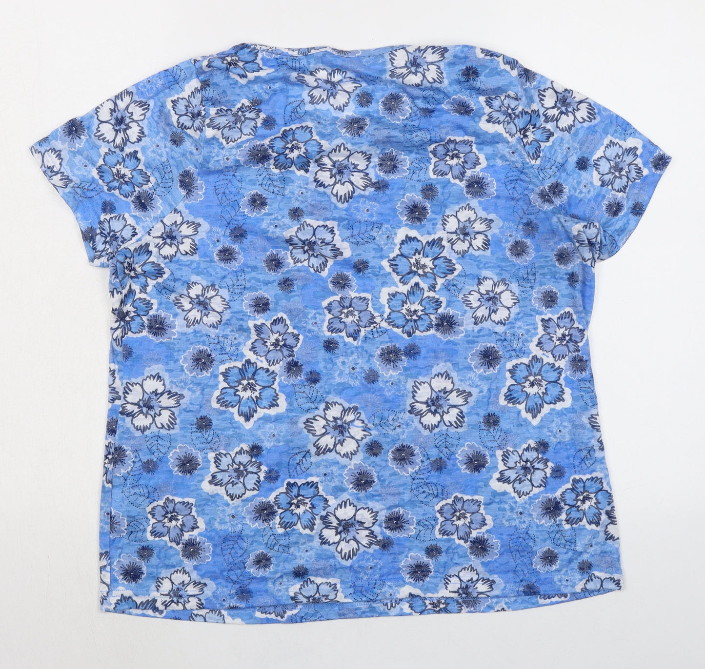 Bonmarché Womens Blue Floral Polyester Basic T-Shirt Size 2 Round Neck