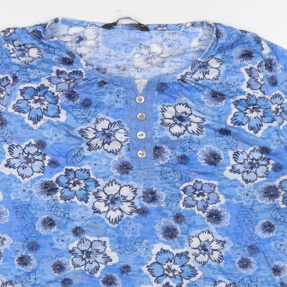 Bonmarché Womens Blue Floral Polyester Basic T-Shirt Size 2 Round Neck