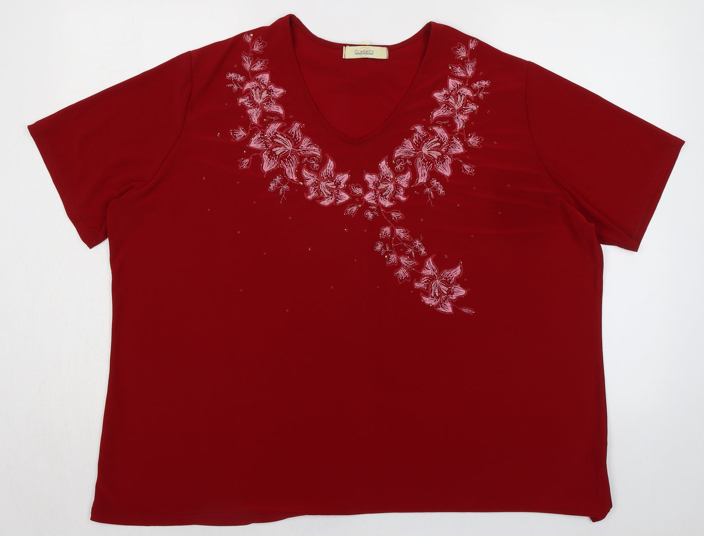 Classics Womens Red Polyester Basic T-Shirt Size 24 V-Neck - Floral Detail Embellished