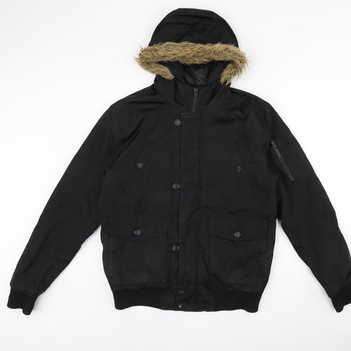 French Connection Mens Black Bomber Jacket Coat Size M Zip - Fur Hood