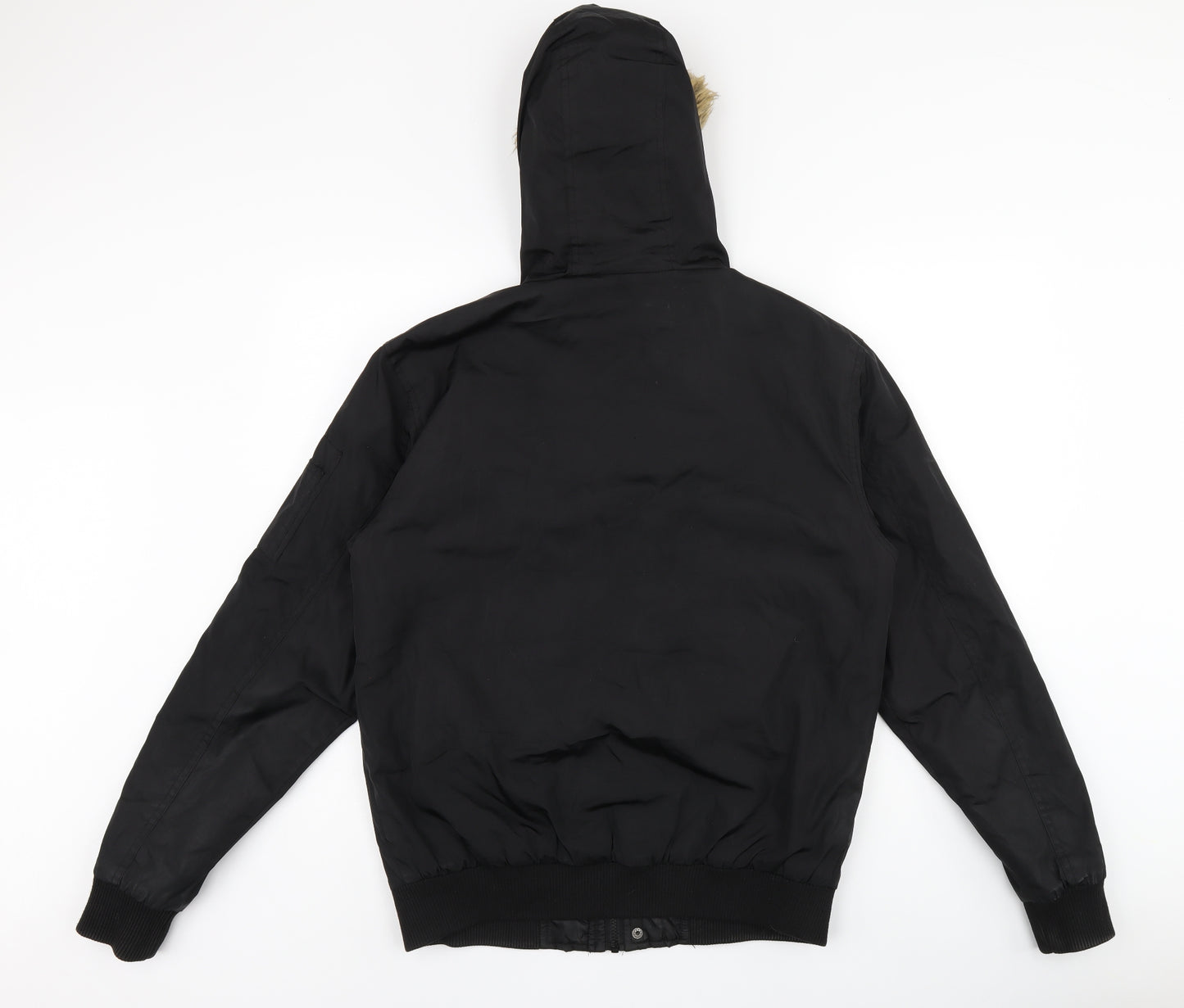 French Connection Mens Black Bomber Jacket Coat Size M Zip - Fur Hood