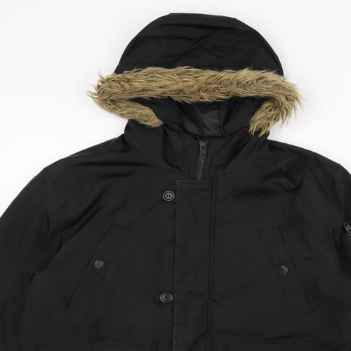 French Connection Mens Black Bomber Jacket Coat Size M Zip - Fur Hood