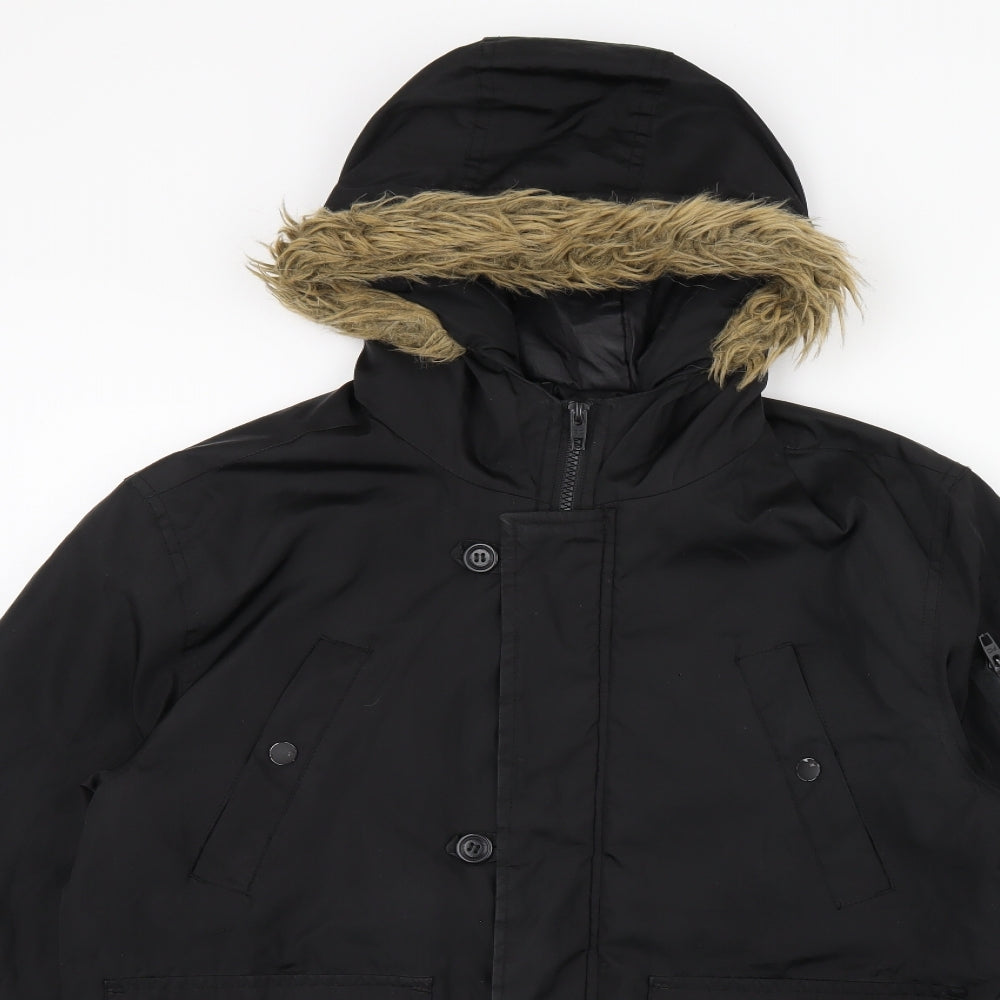 French Connection Mens Black Bomber Jacket Coat Size M Zip - Fur Hood